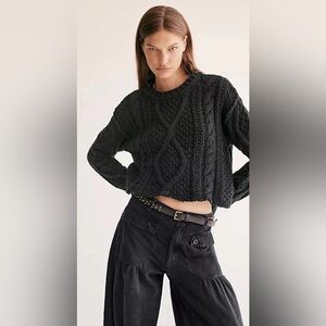 Free People, Cutting Edge Chunky Cable Knit Sweater, Black Size L